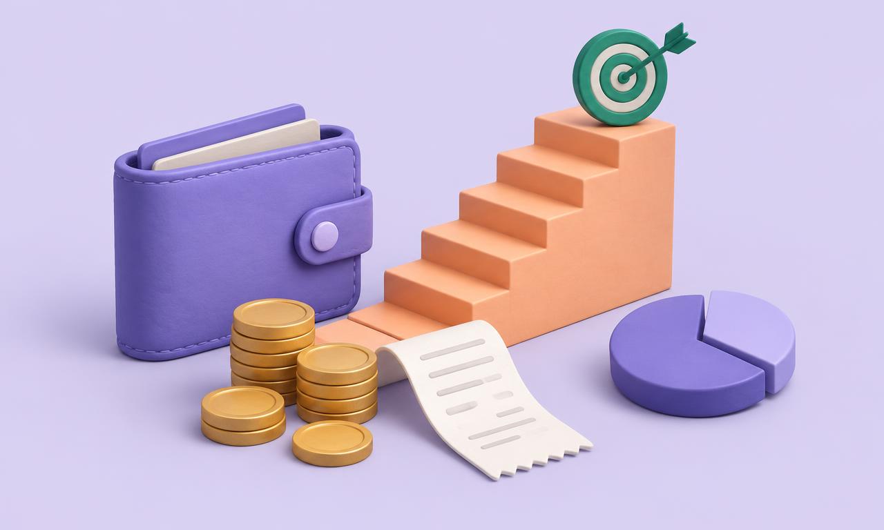 A wallet, spending chart and savings target representing a balanced monthly budget